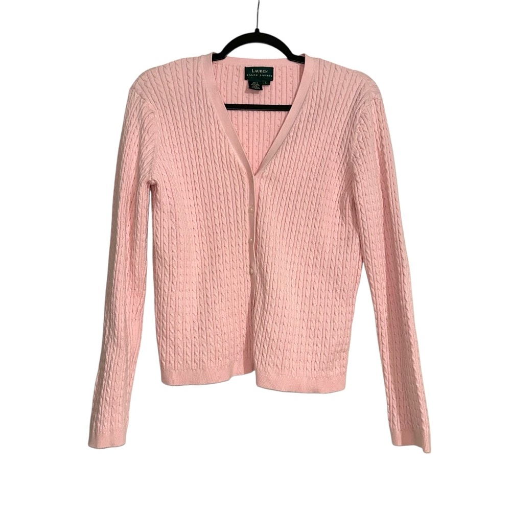 Ralph Lauren LRL Light Pink Cable Knit V-Neck Button Down Cardigan LARGE